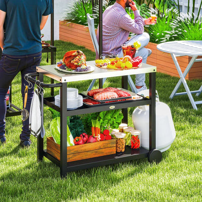 Outsunny Outdoor Grill Dining Cart 3-Shelf Movable Pizza Oven Table Stand with Stainless Steel Top, Portable BBQ Trolley Food Prep Outdoor Kitchen BBQ Station with Hooks Wheels Handle, Charcoal Grey 