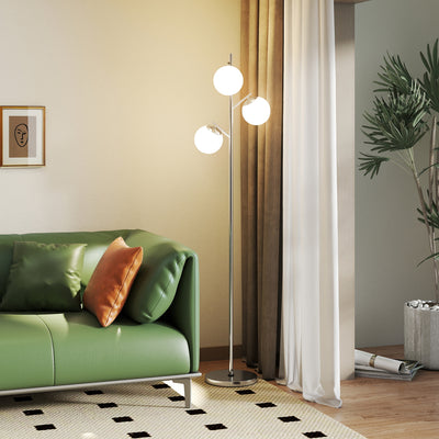 HOMCOM 3-Light Tree Floor Lamps for Living Room, Modern Standing Lamp for Bedroom with Globe Lampshade, 3000K/4000K/6000K Colour Temperatures, Steel Base, Silver Tone 