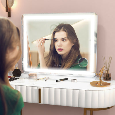 HOMCOM Vanity Mirror with Lights, Large Lighted Makeup Mirror with 3 Colour Lighting Modes, 10X Magnifying, USB Charging Port, Touch Screen, Tabletop or Wall Mounted Design for Bedroom, White 