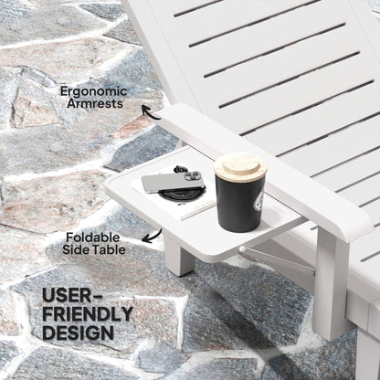 Outsunny Set of 2 Resin Reclining Sun Loungers for Garden, 5 Positions Adjustable Outdoor Chaise Lounge Chairs with Wood Texture Surface, Armrests, Foldable Side Table for Garden, Beach, White 
