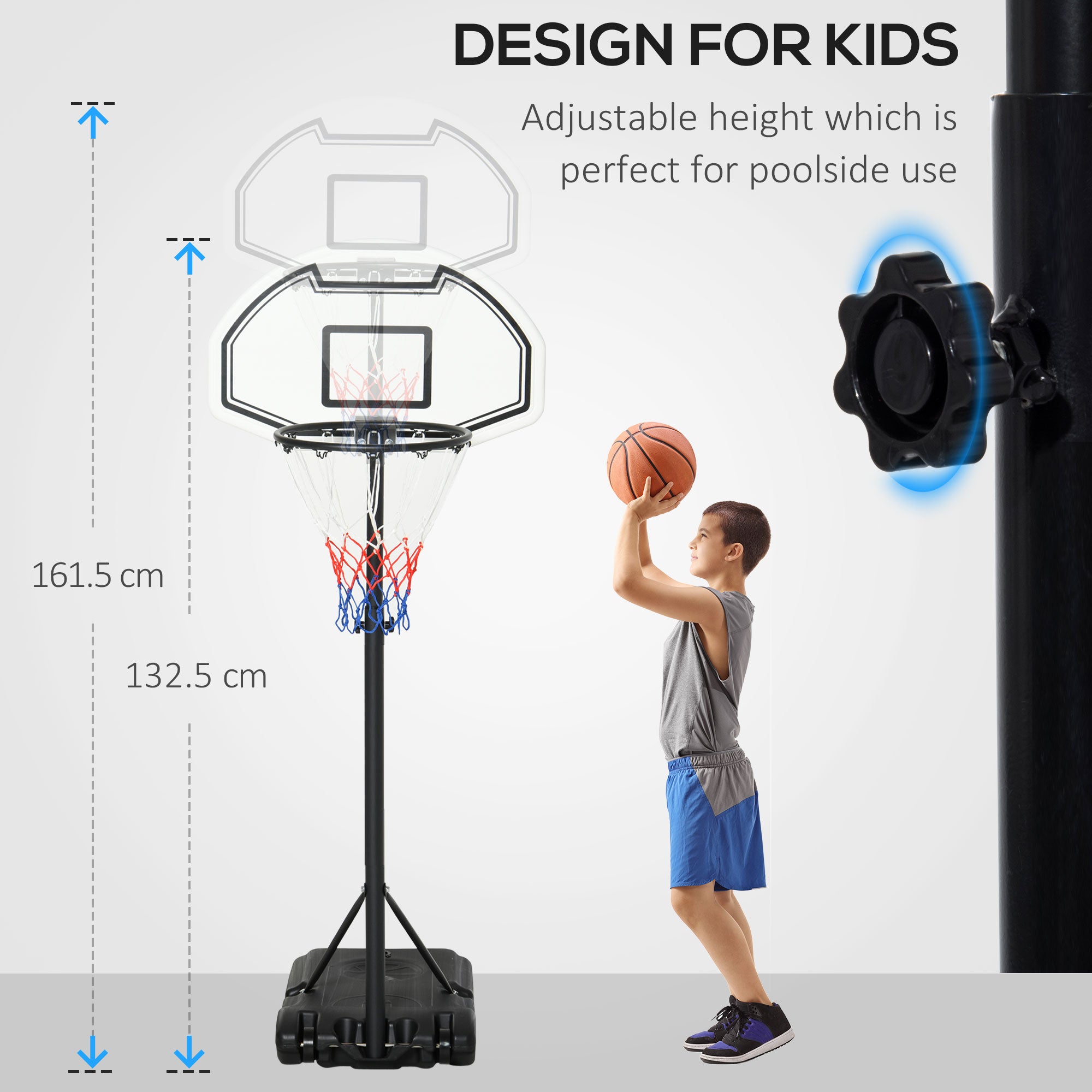 HOMCOM Portable Basketball Stand 94-123cm Basket Height Adjustable Hoop For Adults Suitable for Pool Side 