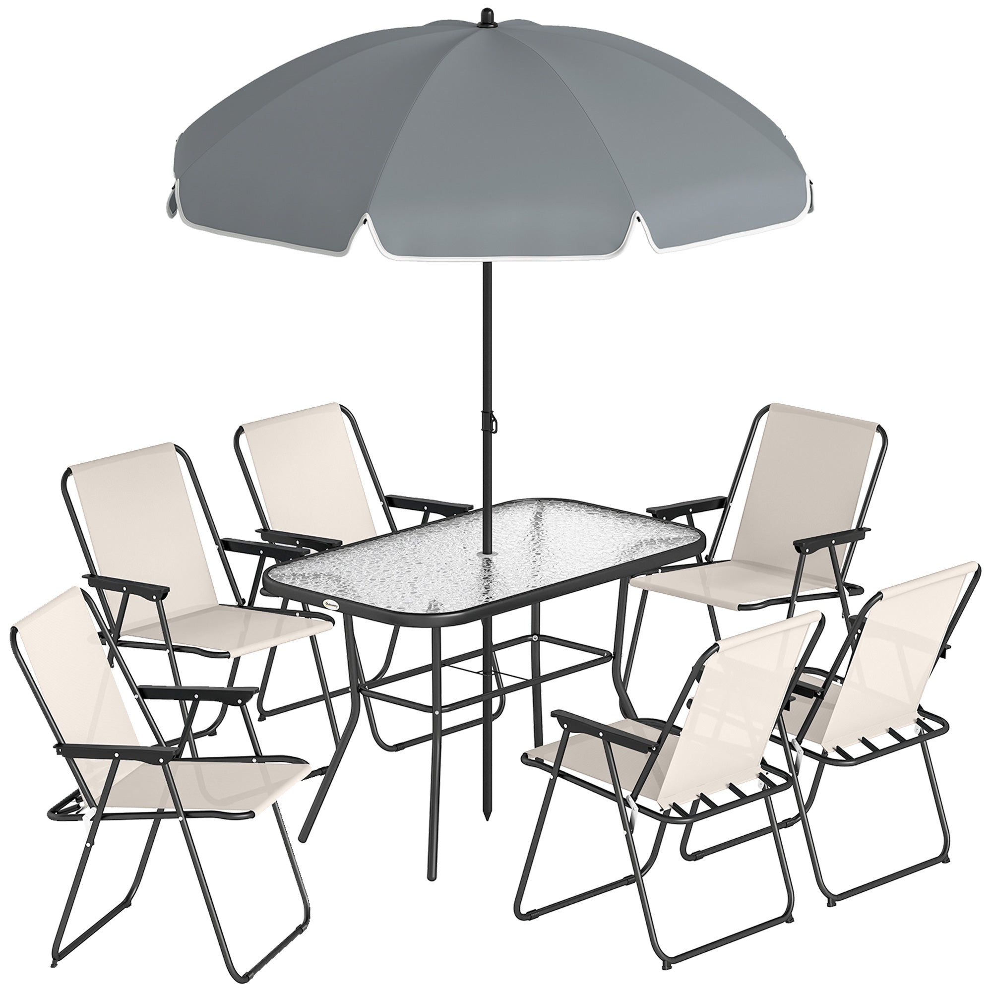 Outsunny 8 Piece Garden Dining Set with Umbrella Garden Furniture Set with 6 Folding Chairs, Tempered Glass Table for Patio Cream 