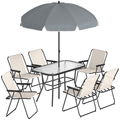 Outsunny 8 Piece Garden Dining Set with Umbrella Garden Furniture Set with 6 Folding Chairs, Tempered Glass Table for Patio Cream 