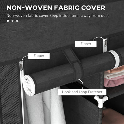 HOMCOM Foldable Fabric Wardrobe for Bedroom, Portable Wardrobe with 5 Shelves, 2 Hanging Rails and 3 Fabric Drawers, Black 