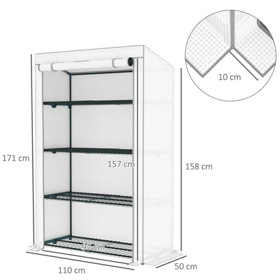 Outsunny 4 Tier Lean-to Mini Greenhouse with Reinforced PE Cover, Portable Small Greenhouse with Roll-Up Door, Grey Hemmed Edging, 110 x 50 x 171cm, Grey 