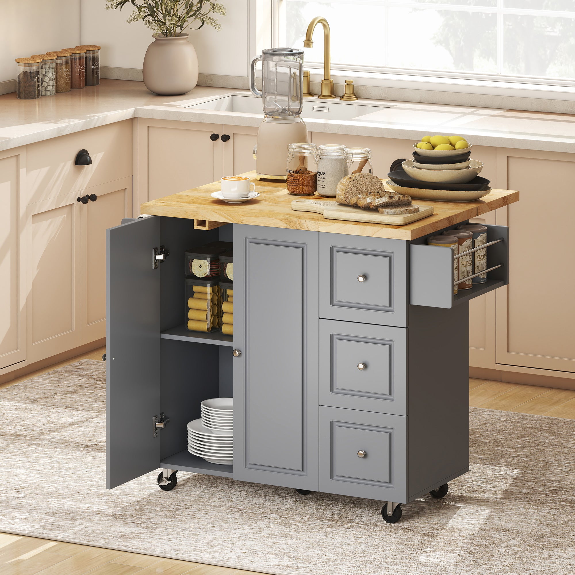 HOMCOM Kitchen Island on Wheels, Rolling Kitchen Storage Trolley with Drop Leaf, Drawers, Towel and Spice Rack, Grey 
