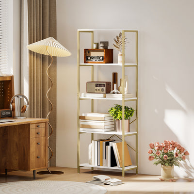 HOMCOM 5-Tier Bookshelf, Modern Bookcase with Metal Frame - White and Gold Tone 