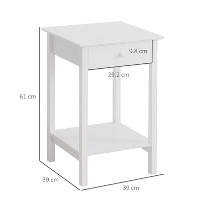 HOMCOM White Bedside Table, Wooden Side Table, Nightstand, Bedside Cabinet with Drawer and Storage Shelf for Bedroom and Living Room, Set of 2 