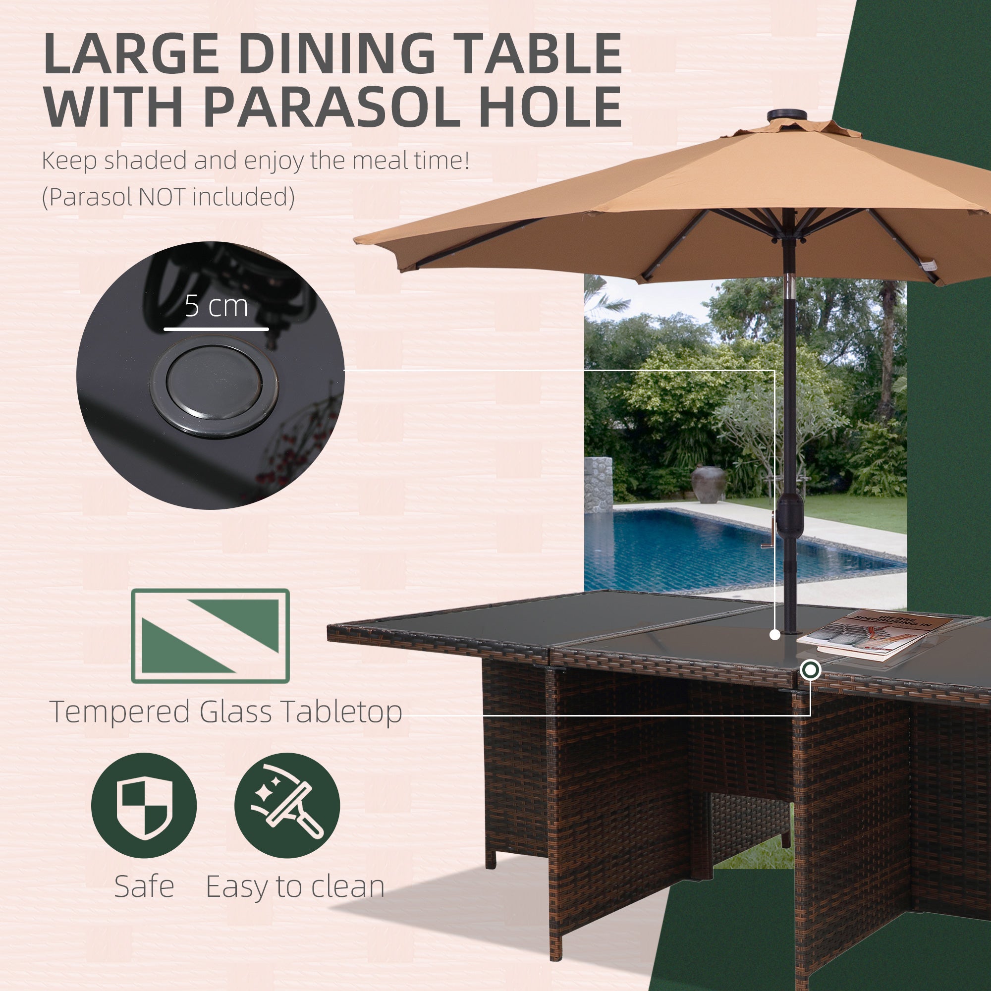 Outsunny 10 Seater Rattan Cube Garden Furniture Set with Parasol Hole, Rattan Dining Set with Cushions, Outdoor Dining Table and Chairs with Rectangular Glass Top Table for Patio, Mixed Brown 