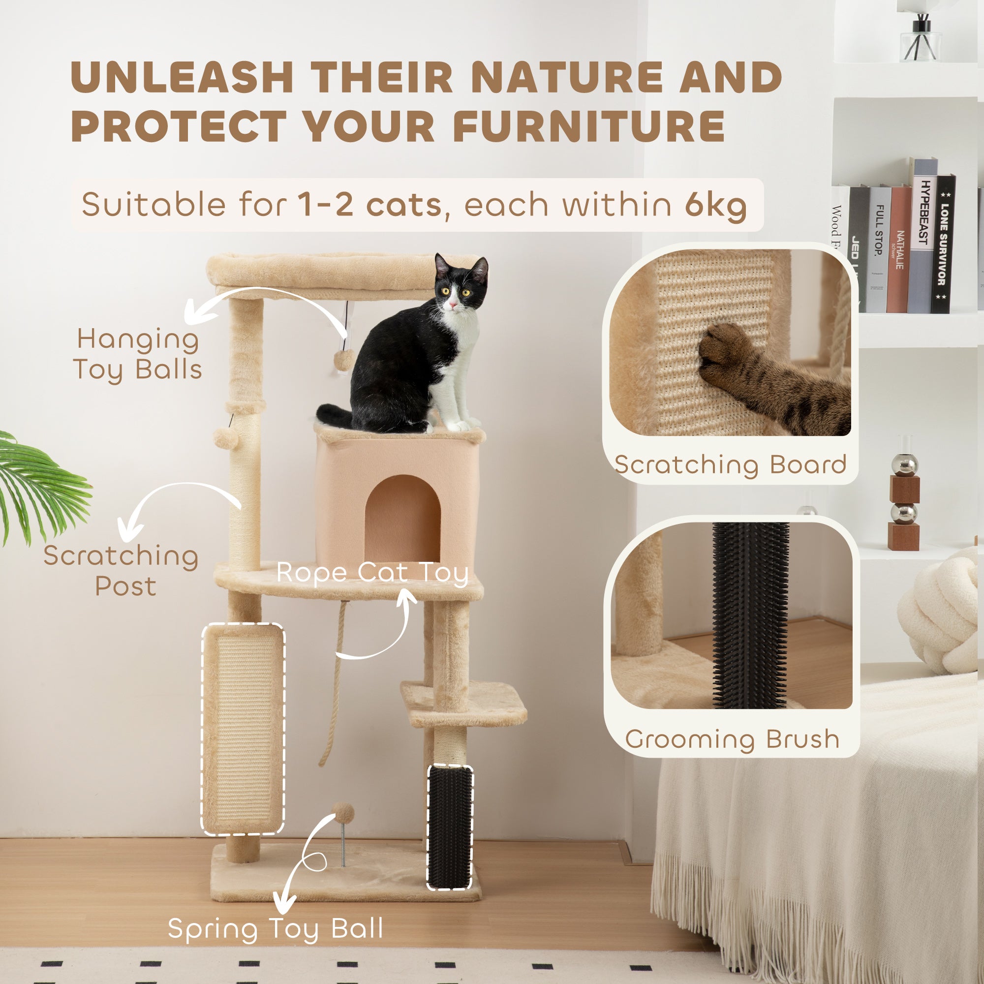 PawHut 132cm Cat Tree w/ Scratching Posts, Pad, Cat Bed, Cat House, Jumping Platform, Grooming Brush, Anti-Tip Kit, Beige 