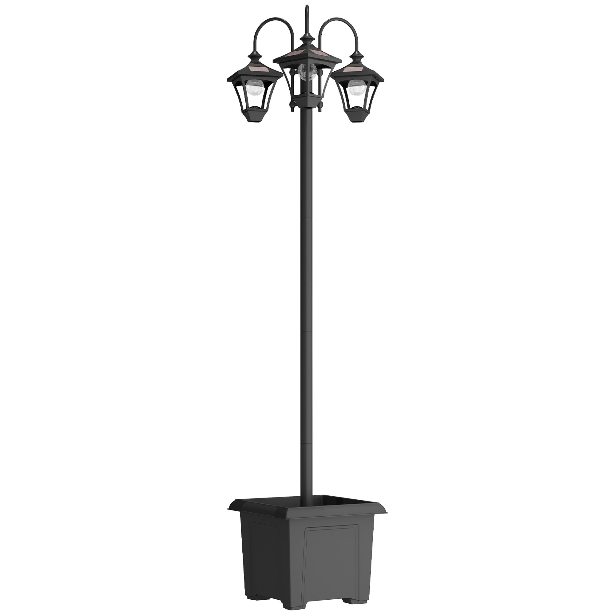 Outsunny Solar Lamp Post with Dusk-to-Dawn Sensor Street Light with 3-Head Planter 185 cm Black 