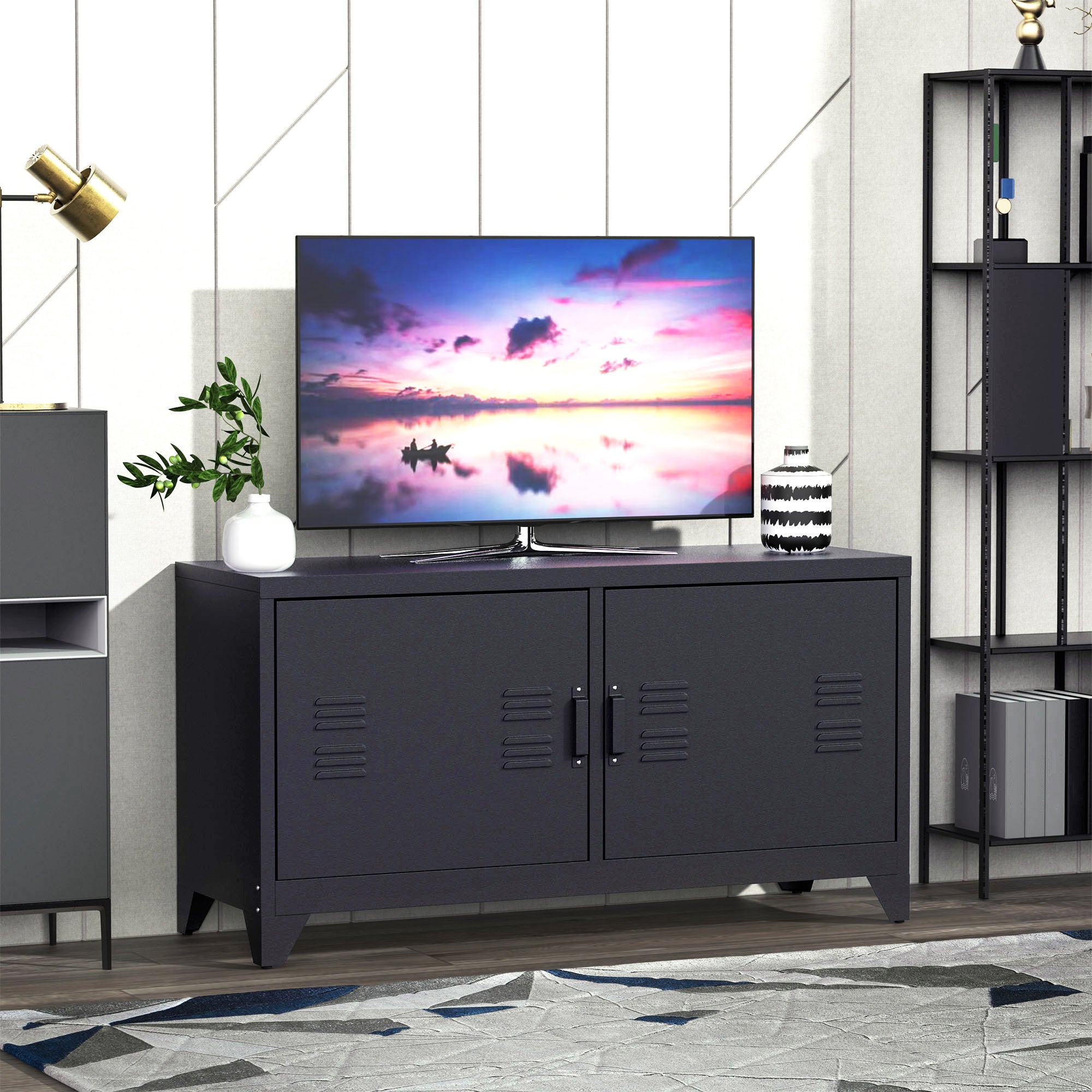 HOMCOM Steel TV Stand Cabinet, Industrial TV Unit for TVs up to 50", TV Table with 2 Doors, Adjustable Shelf and 4 Cable Holes for Living Room, Black 