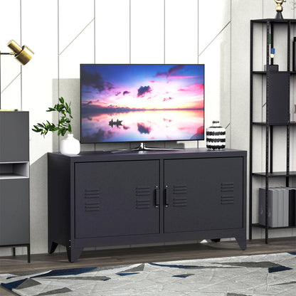 HOMCOM Steel TV Stand Cabinet, Industrial TV Unit for TVs up to 50", TV Table with 2 Doors, Adjustable Shelf and 4 Cable Holes for Living Room, Black 
