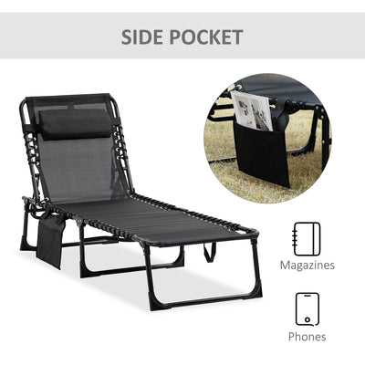 Outsunny Portable Sun Lounger, Folding Camping Bed Cot, Reclining Lounge Chair 5-position Adjustable Backrest with Side Pocket, Pillow for Patio Garden Beach Pool, Black 