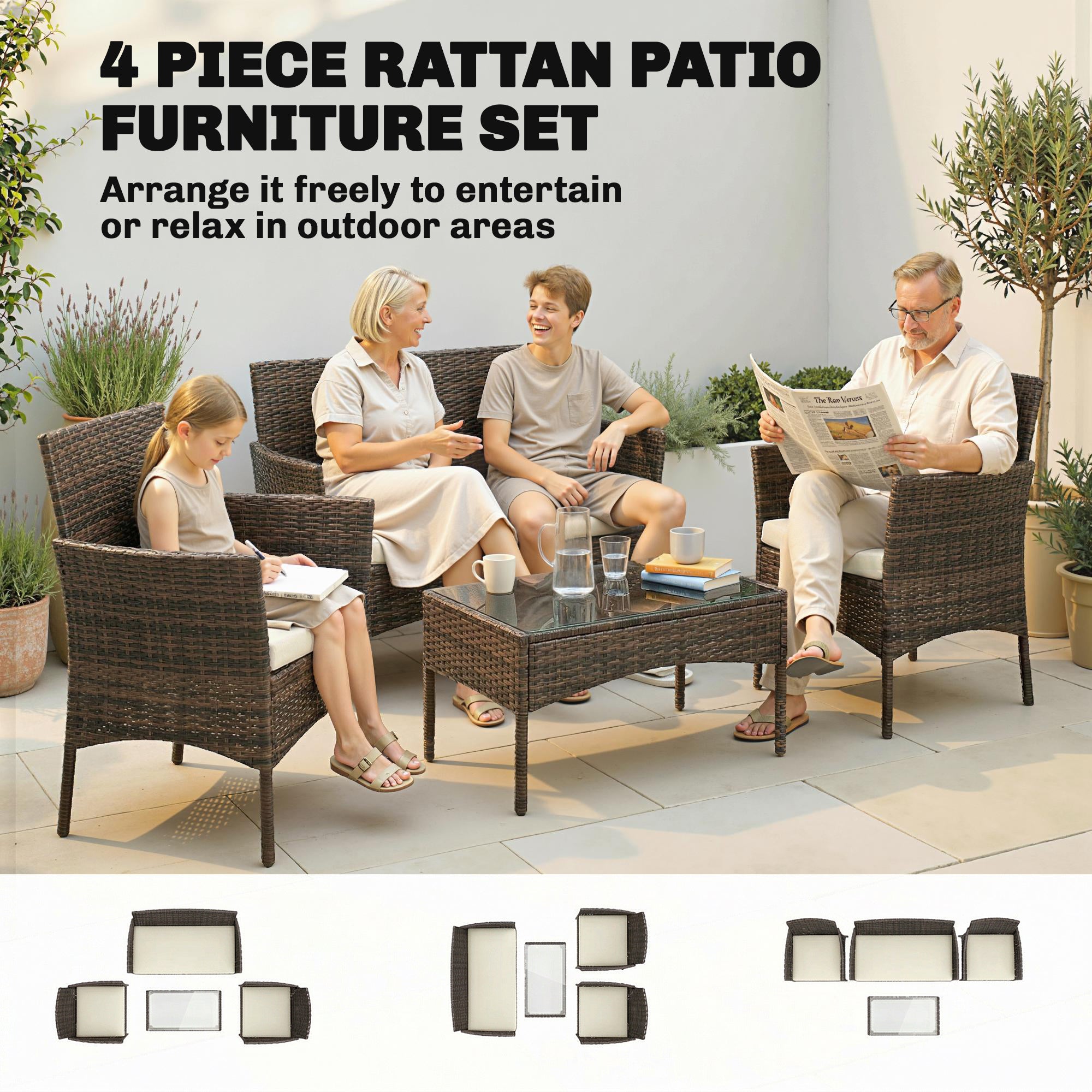 Outsunny 4 Piece Rattan Garden Furniture Sofa Set with Loveseat, Armchairs, Glass-Top Coffee Table and Cushions, Brown 