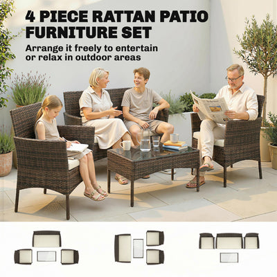 Outsunny 4 Piece Rattan Garden Furniture Sofa Set with Loveseat, Armchairs, Glass-Top Coffee Table and Cushions, Brown 