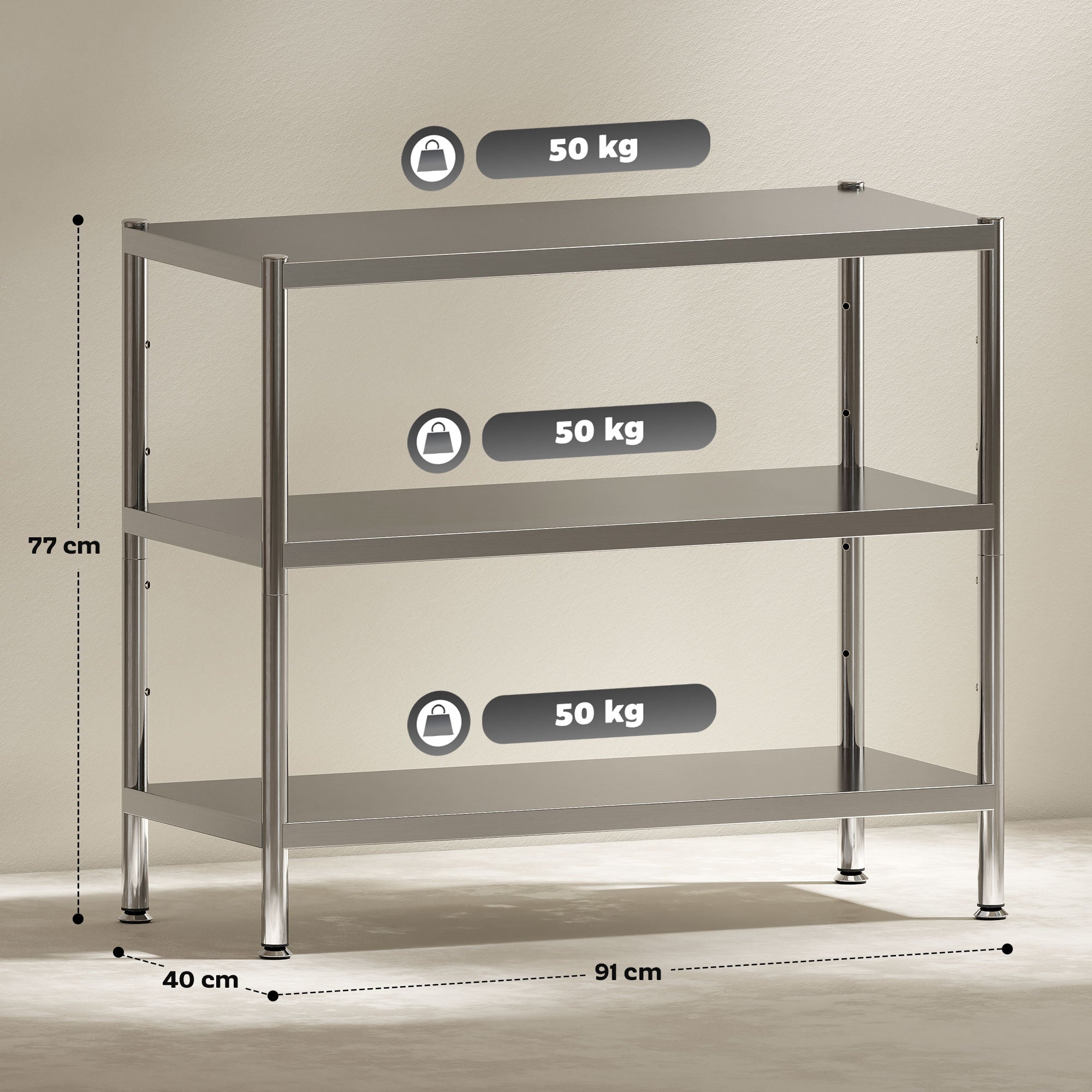 HOMCOM 3-Tier Bakers Rack with Storage, Stainless Steel Microwave Stand with Adjustable Shelves for Small Spaces, Kitchen Storage Unit for Spices, Pots and Pans, Silver Tone 