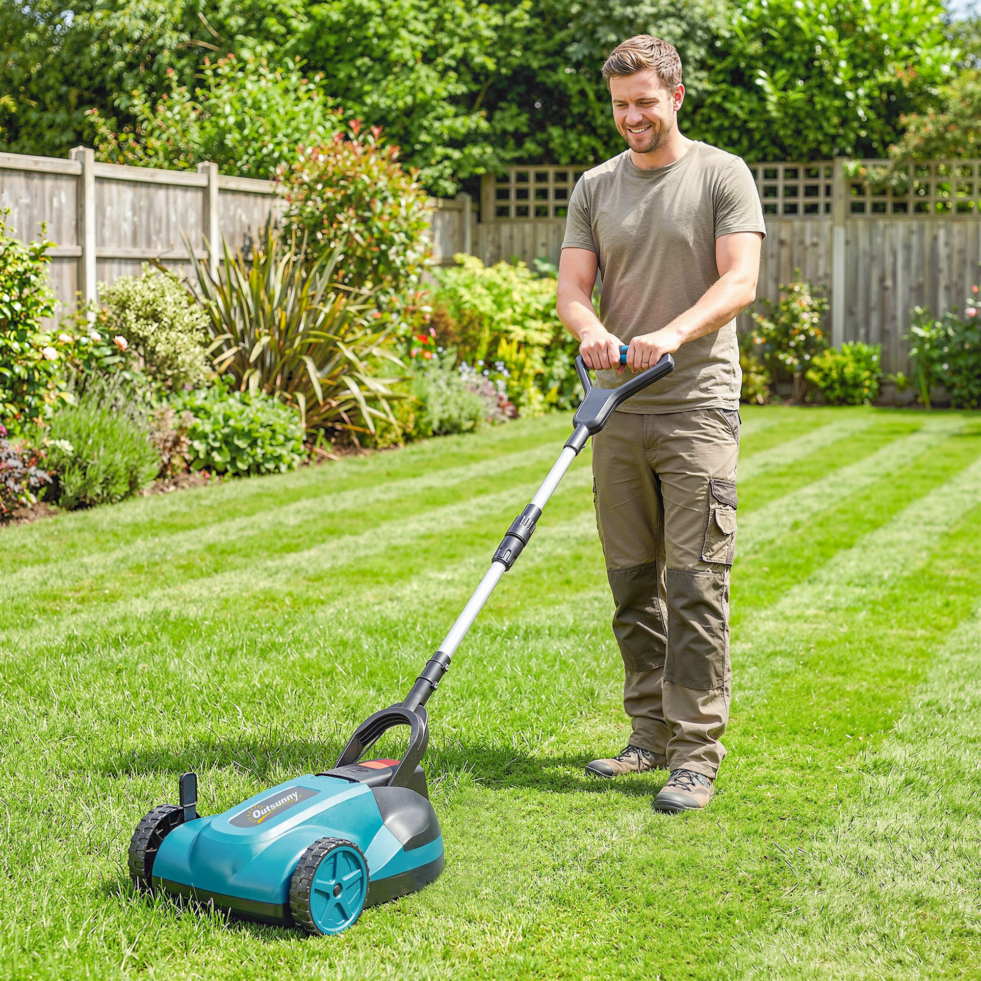 Outsunny 18V Cordless Lawnmower with 2 x 4Ah Batteries & Charger, Battery Lawn Mower with 21cm Cutting Width, 3 Cutting Heights 