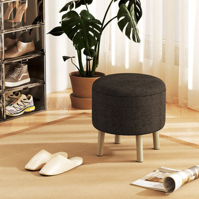 HOMCOM Round Ottoman Stool with Storage, Linen Fabric Upholstered Foot Stool with Padded Seat, Hidden Space and Wood Legs 