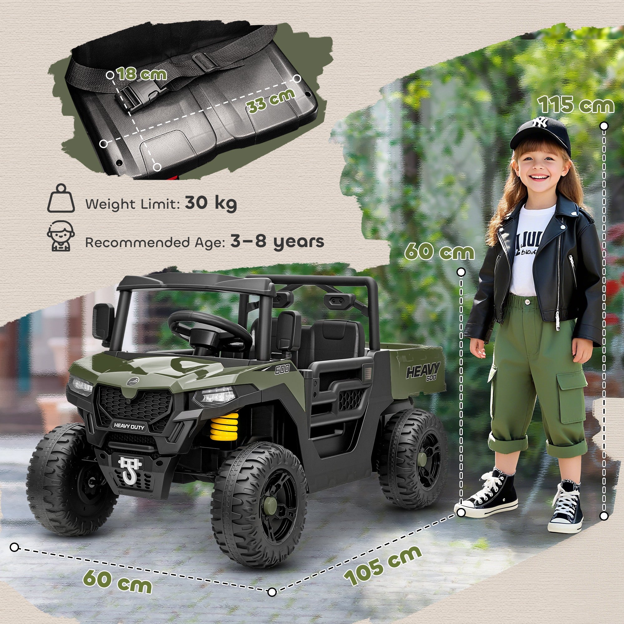 AIYAPLAY Kids Ride on Car, 12V Electric Kids UTV with Electric Dump Bed, 4-Wheel Suspension for 3-8 Years, Green 