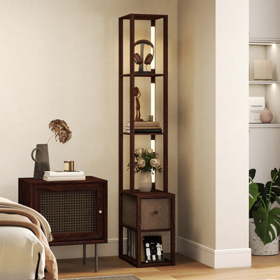 HOMCOM Floor Lamp with Shelves, LED Column Modern Standing Lamp with Fabric Drawer, Adjustable Brightness, Foot Switch for Living Room, Bedroom, Office, Dark Brown 