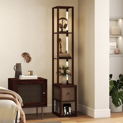 HOMCOM Floor Lamp with Shelves, LED Column Modern Standing Lamp with Fabric Drawer, Adjustable Brightness, Foot Switch for Living Room, Bedroom, Office, Dark Brown