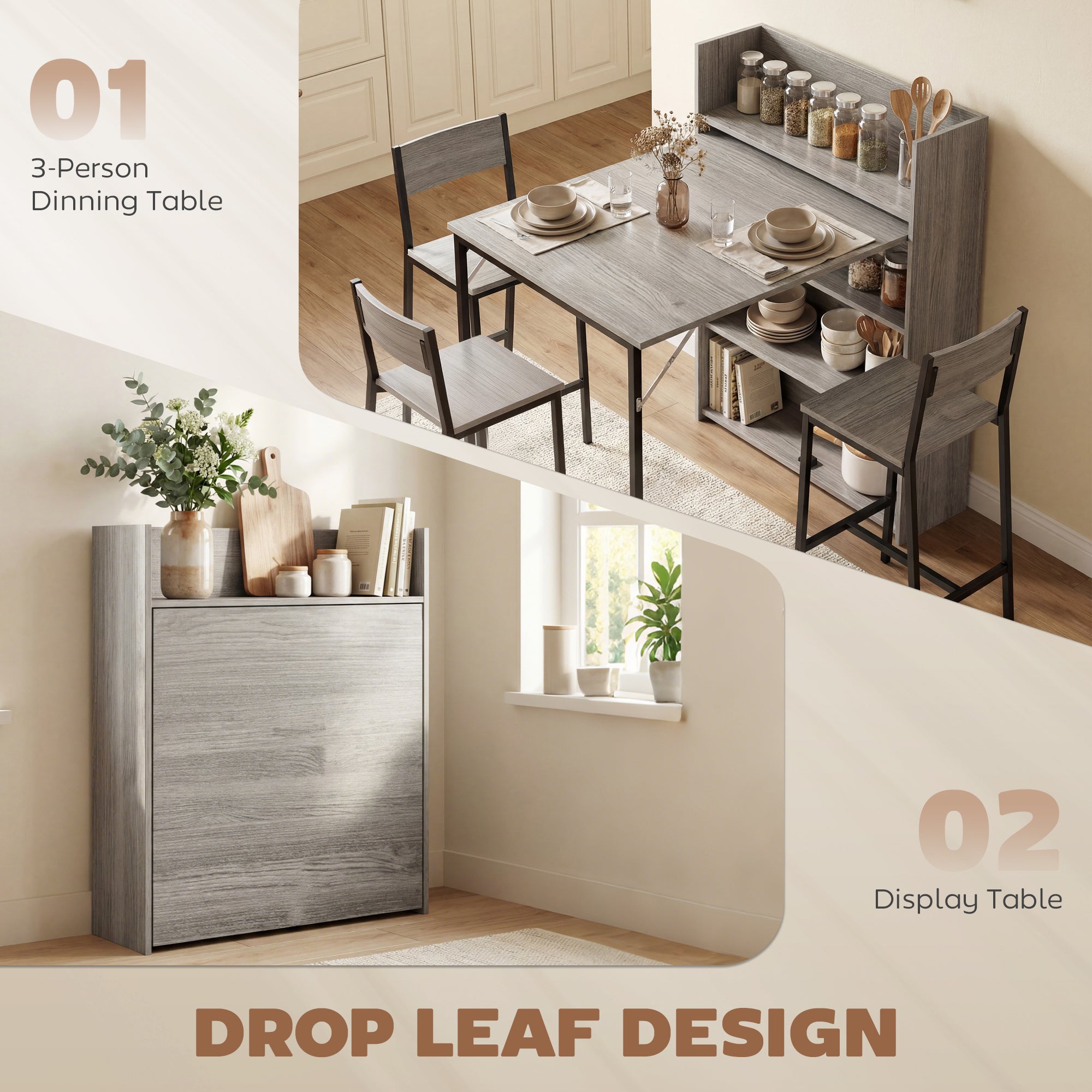 HOMCOM Kitchen Table, Folding Dining Table, with 4-Tier Shelves, Modern Drop-Leaf Table, Grey Wood Effect 