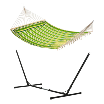 Outsunny Outdoor Garden Hammock with Stand, Double Cotton Hammock with Adjustable Steel Frame, Swing Hanging Bed with Pillow, for Garden, Patio, Beach, Green Stripes