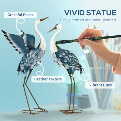 Outsunny Heron Garden Statues, Standing Garden Ornament, Metal Garden Gift with Stakes, Blue & White 