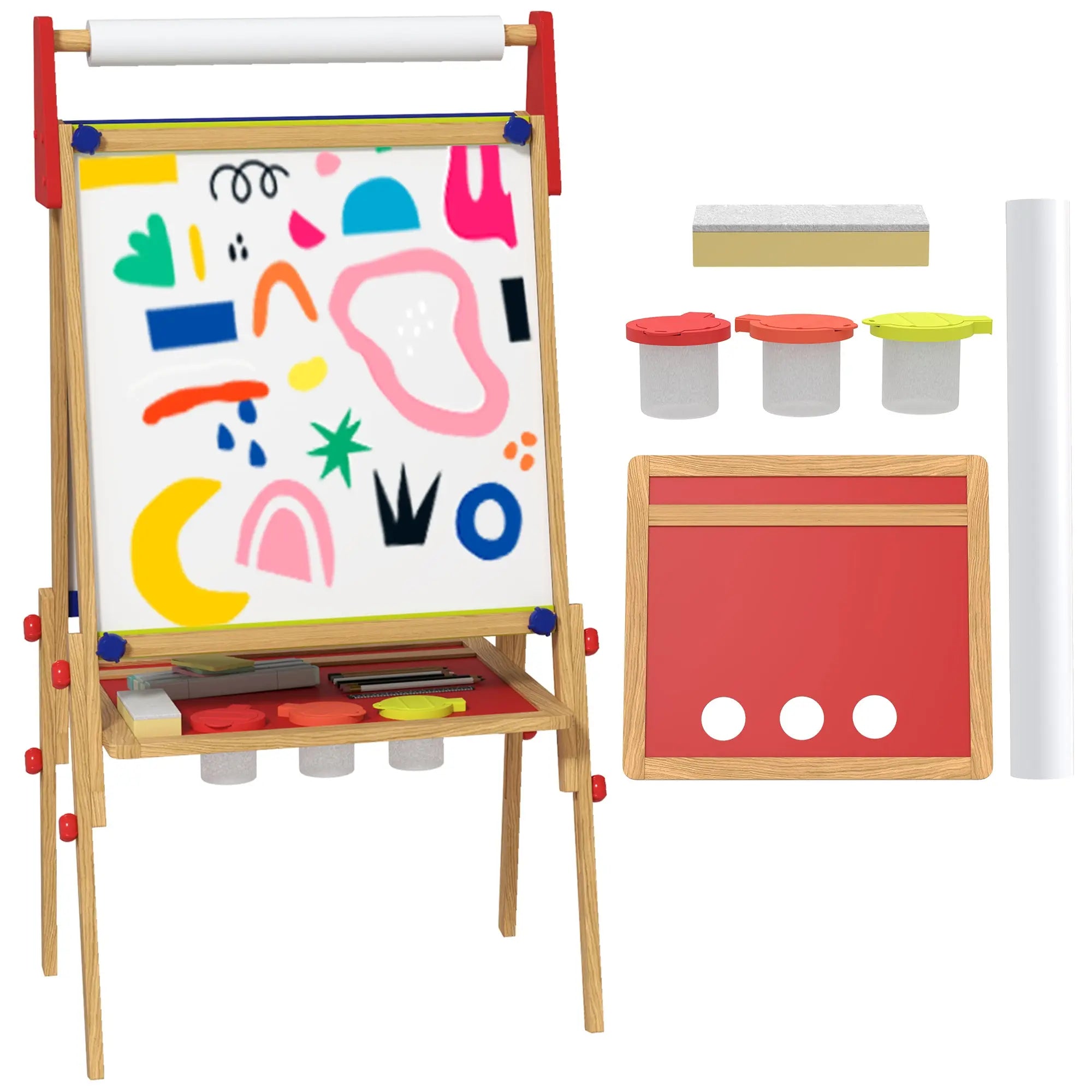 AIYAPLAY 3-in-1 Wooden Kids Easel with Paper Roll, Whiteboard, Chalkboard, Painting Accessories 