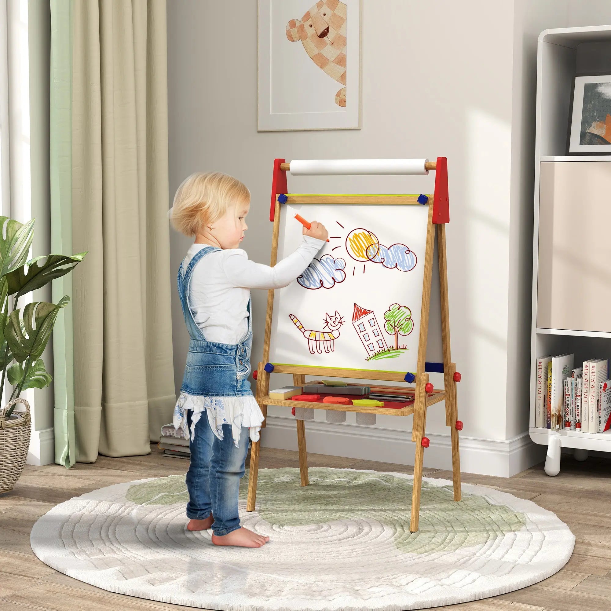 AIYAPLAY 3-in-1 Wooden Kids Easel with Paper Roll, Whiteboard, Chalkboard, Painting Accessories 