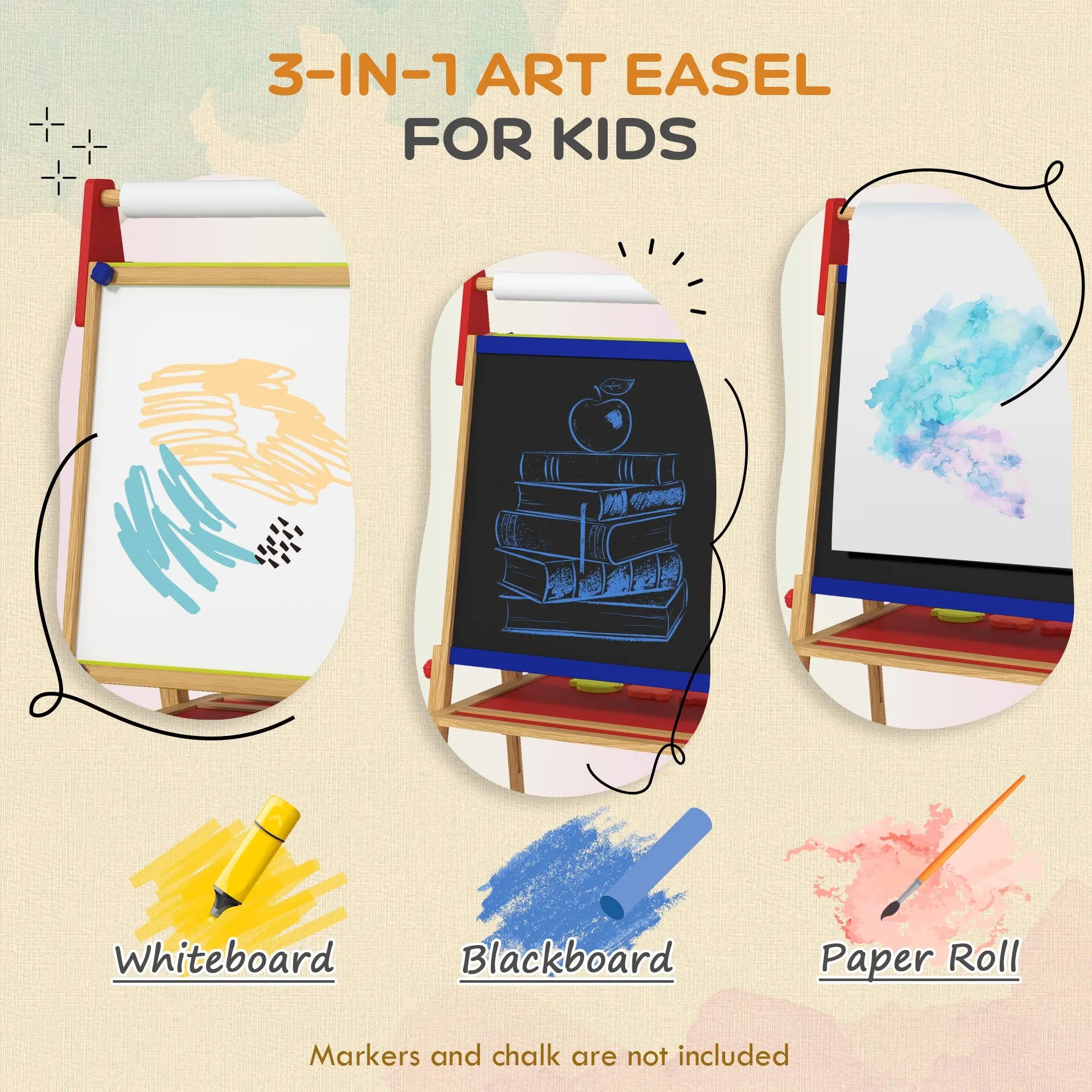 AIYAPLAY 3-in-1 Wooden Kids Easel with Paper Roll, Whiteboard, Chalkboard, Painting Accessories 