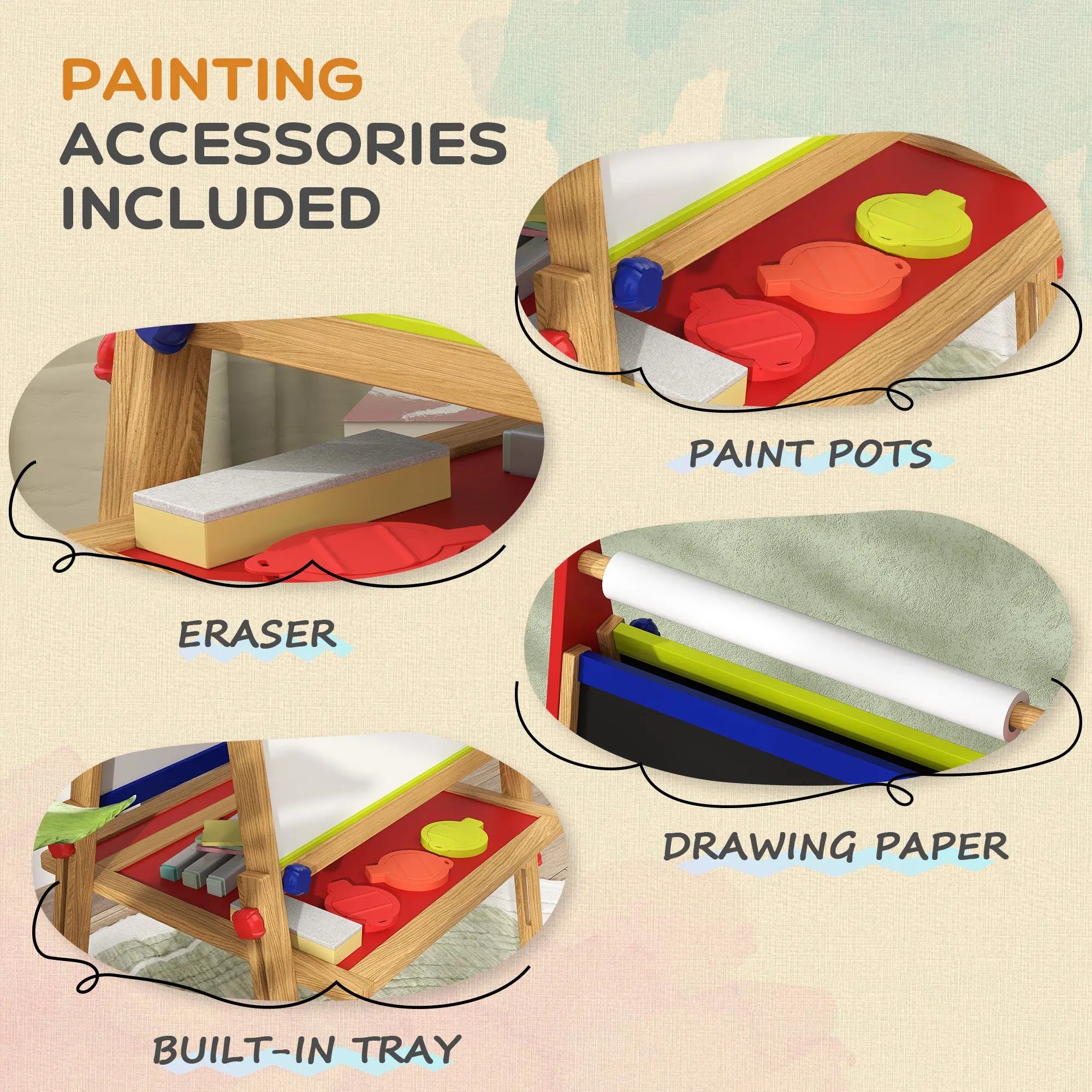 AIYAPLAY 3-in-1 Wooden Kids Easel with Paper Roll, Whiteboard, Chalkboard, Painting Accessories 