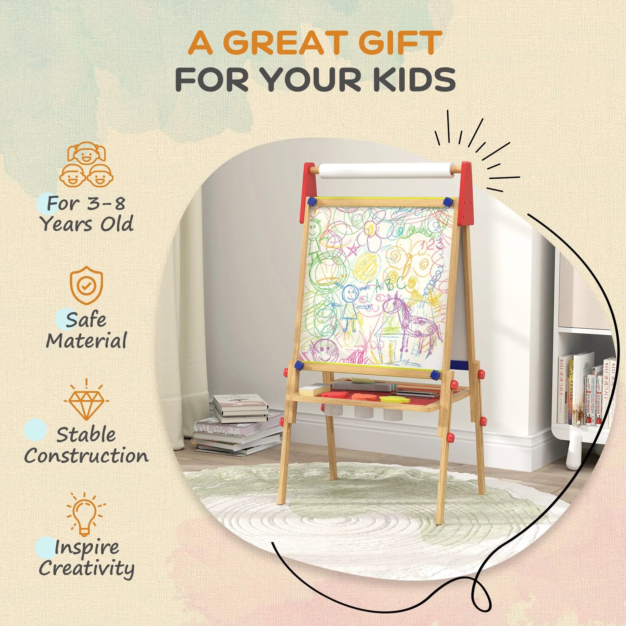 AIYAPLAY 3-in-1 Wooden Kids Easel with Paper Roll, Whiteboard, Chalkboard, Painting Accessories 