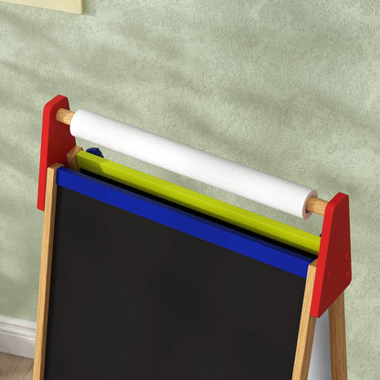 AIYAPLAY 3-in-1 Wooden Kids Easel with Paper Roll, Whiteboard, Chalkboard, Painting Accessories 