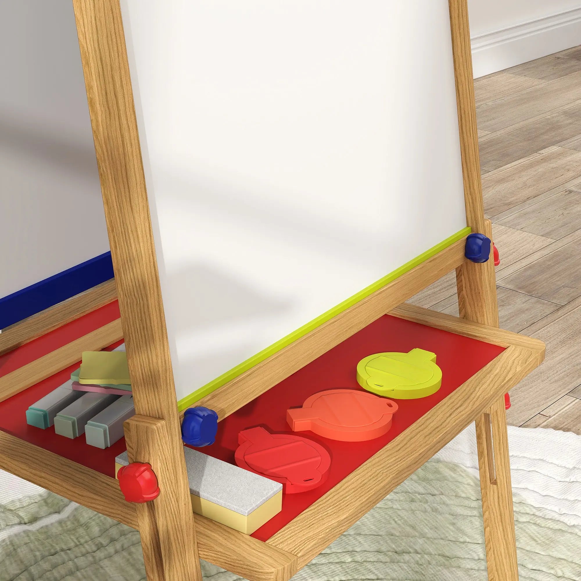 AIYAPLAY 3-in-1 Wooden Kids Easel with Paper Roll, Whiteboard, Chalkboard, Painting Accessories 