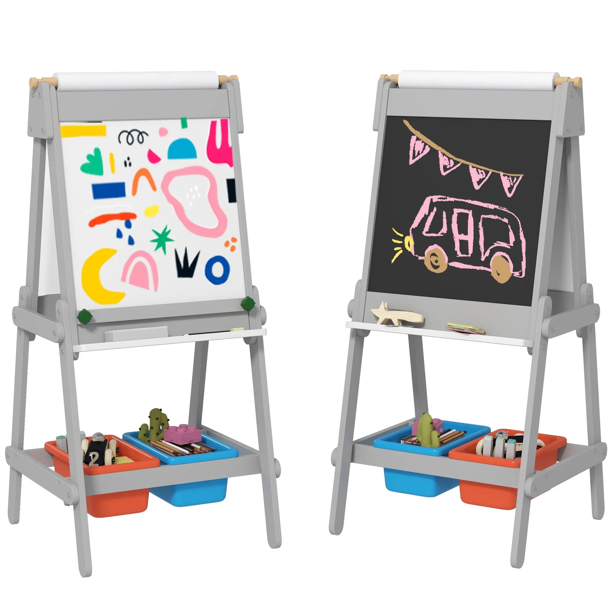 AIYAPLAY Art Easel for Kids with Paper Roll, Double Sided Painting Easel with Chalk Board, White Board 