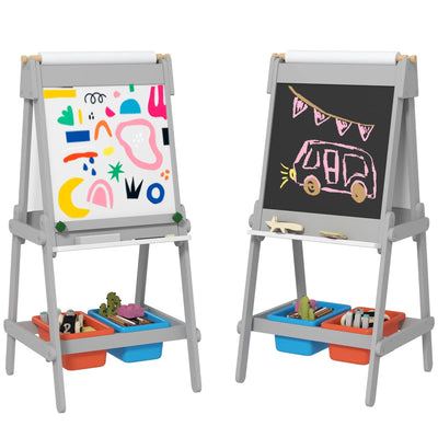 AIYAPLAY Art Easel for Kids with Paper Roll, Double Sided Painting Easel with Chalk Board, White Board 