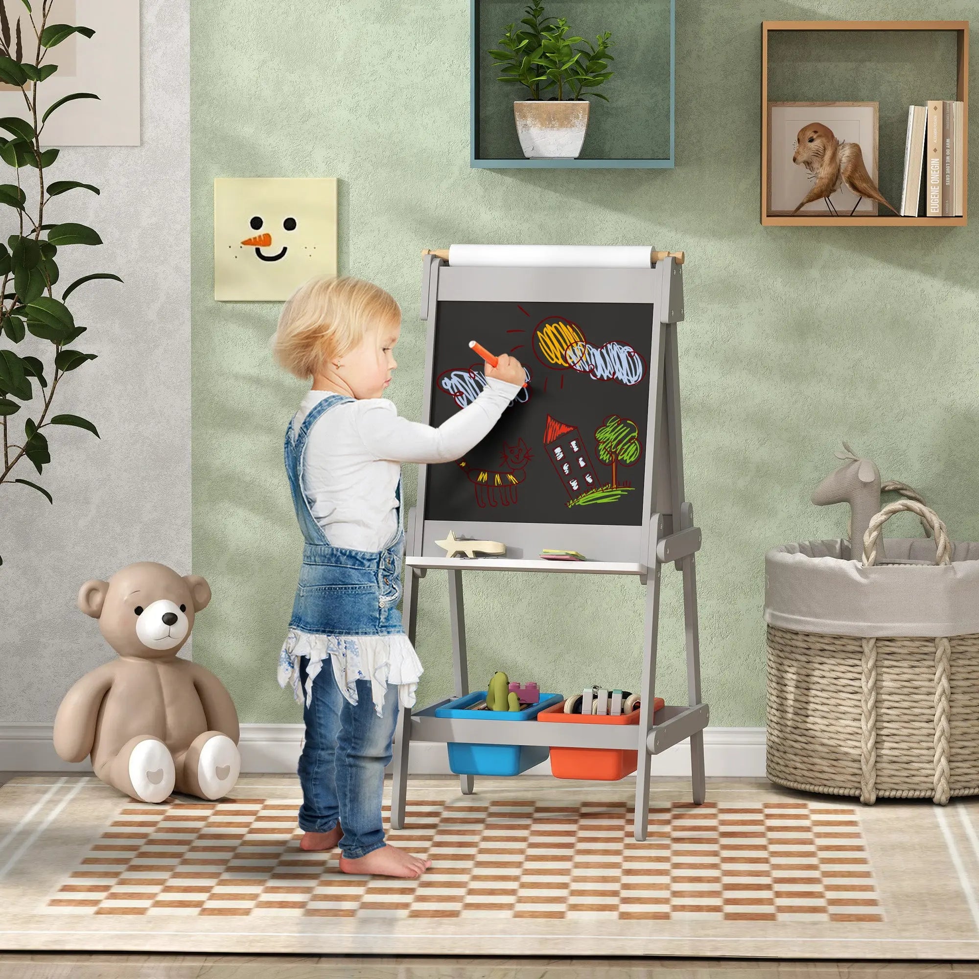 AIYAPLAY Art Easel for Kids with Paper Roll, Double Sided Painting Easel with Chalk Board, White Board 