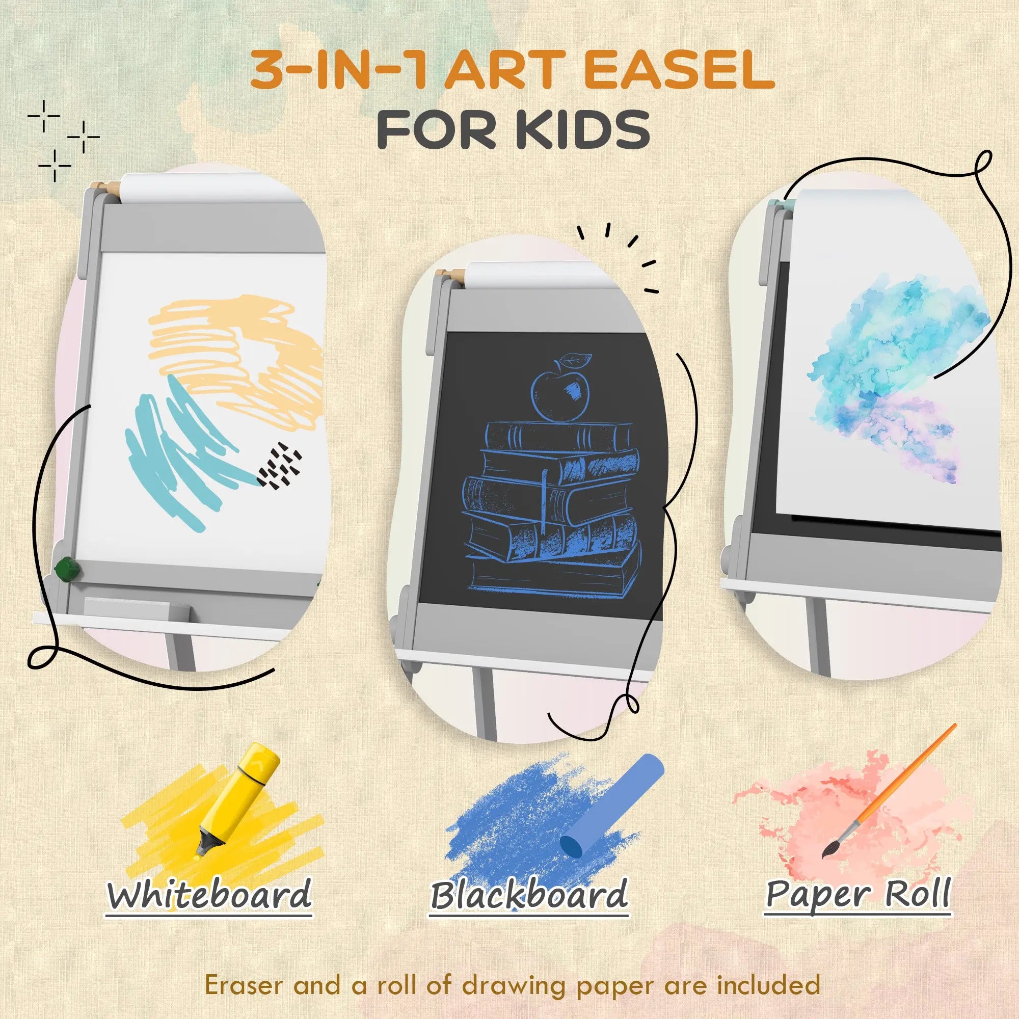 AIYAPLAY Art Easel for Kids with Paper Roll, Double Sided Painting Easel with Chalk Board, White Board 