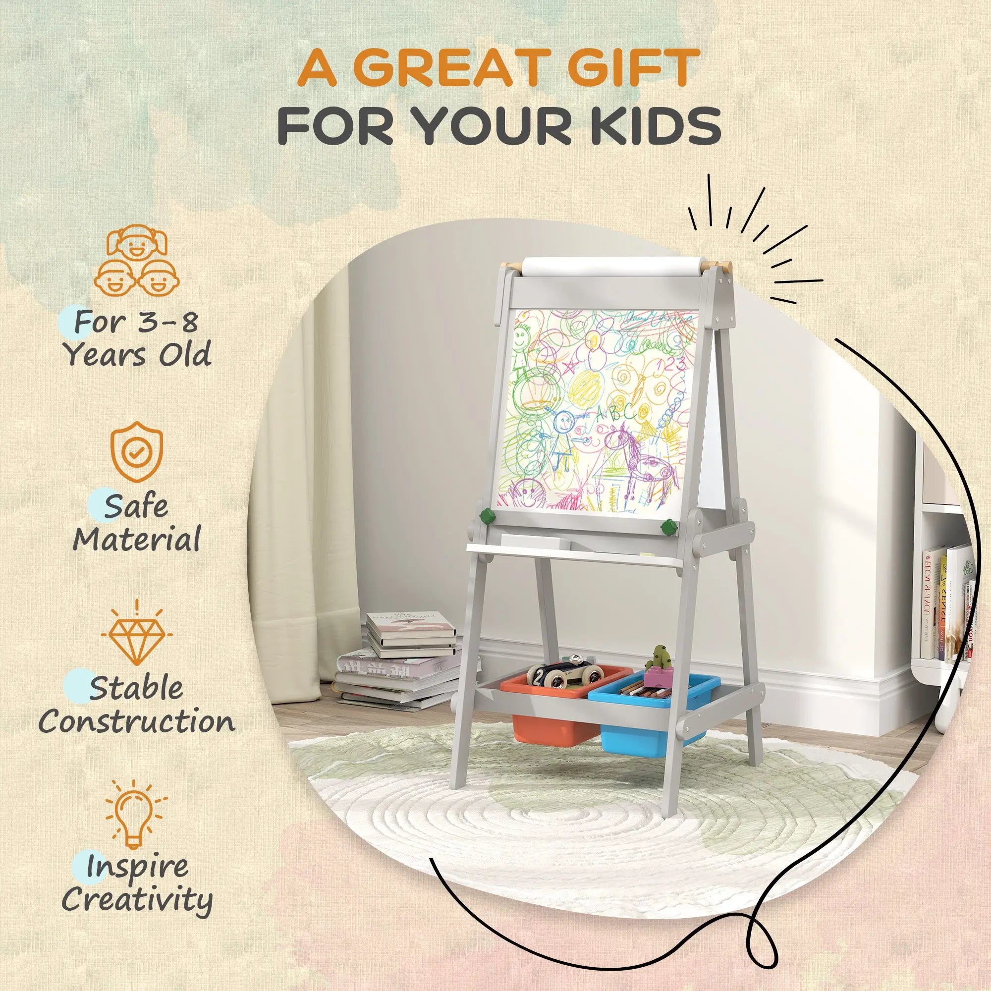 AIYAPLAY Art Easel for Kids with Paper Roll, Double Sided Painting Easel with Chalk Board, White Board 