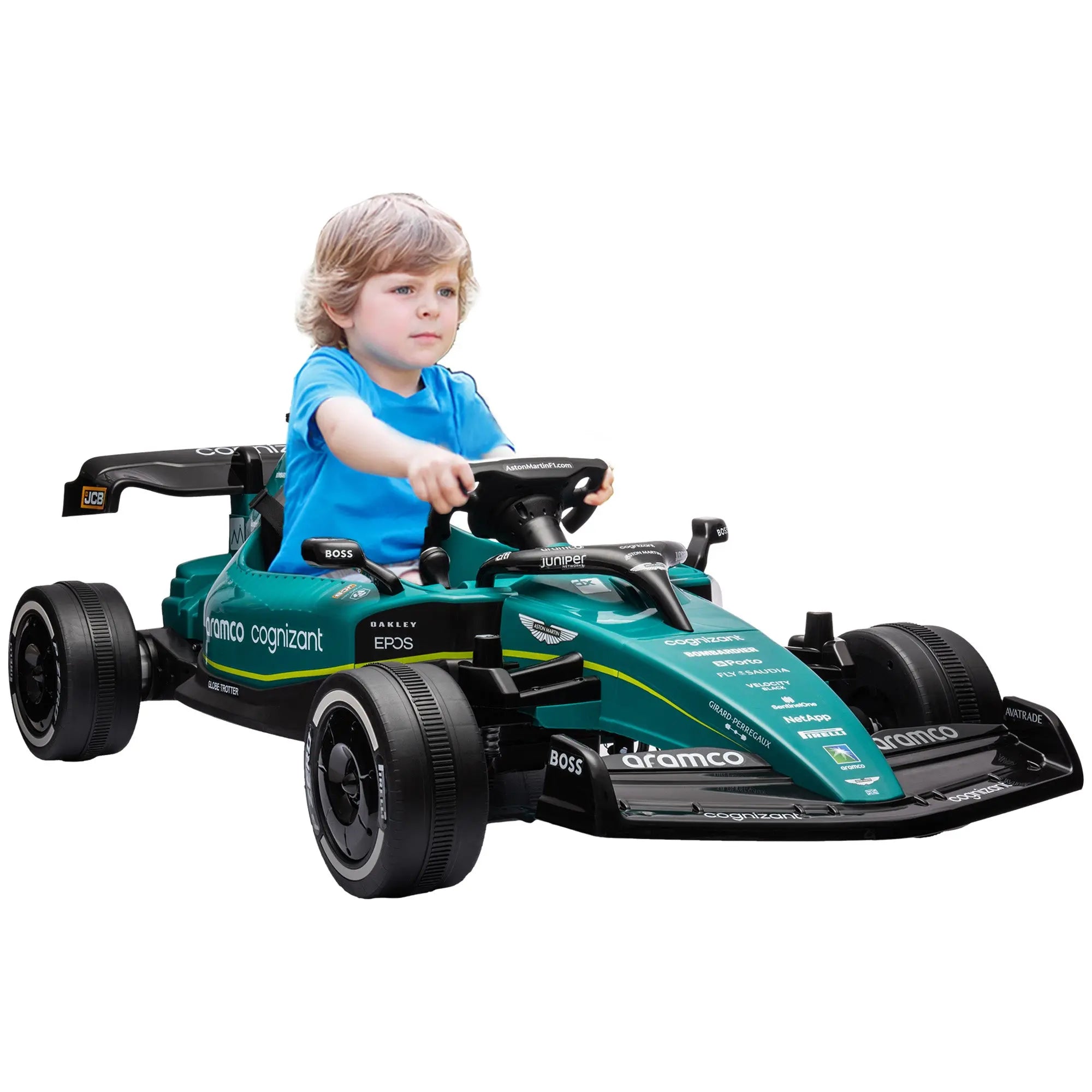 AIYAPLAY Aston Martin Licensed 12V Kids Ride on Racing Kart w/ Bluetooth, 4 Suspension Wheels, Music Lights Horn, Green 