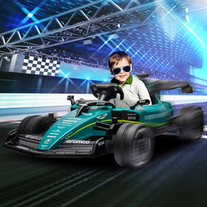 AIYAPLAY Aston Martin Licensed 12V Kids Ride on Racing Kart w/ Bluetooth, 4 Suspension Wheels, Music Lights Horn, Green 