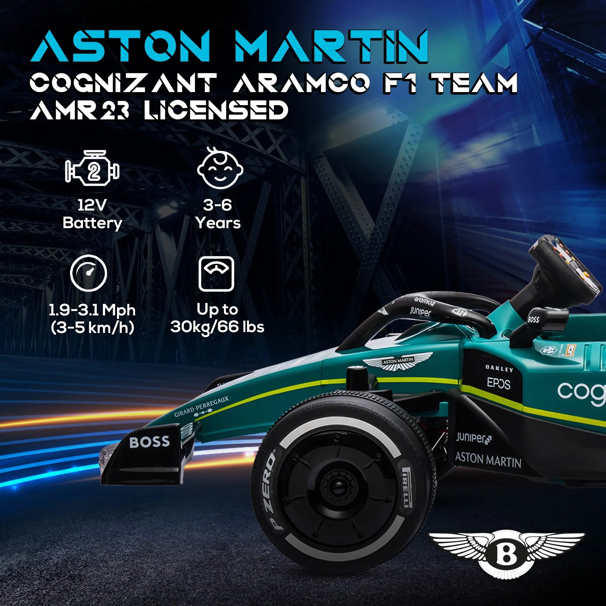 AIYAPLAY Aston Martin Licensed 12V Kids Ride on Racing Kart w/ Bluetooth, 4 Suspension Wheels, Music Lights Horn, Green 