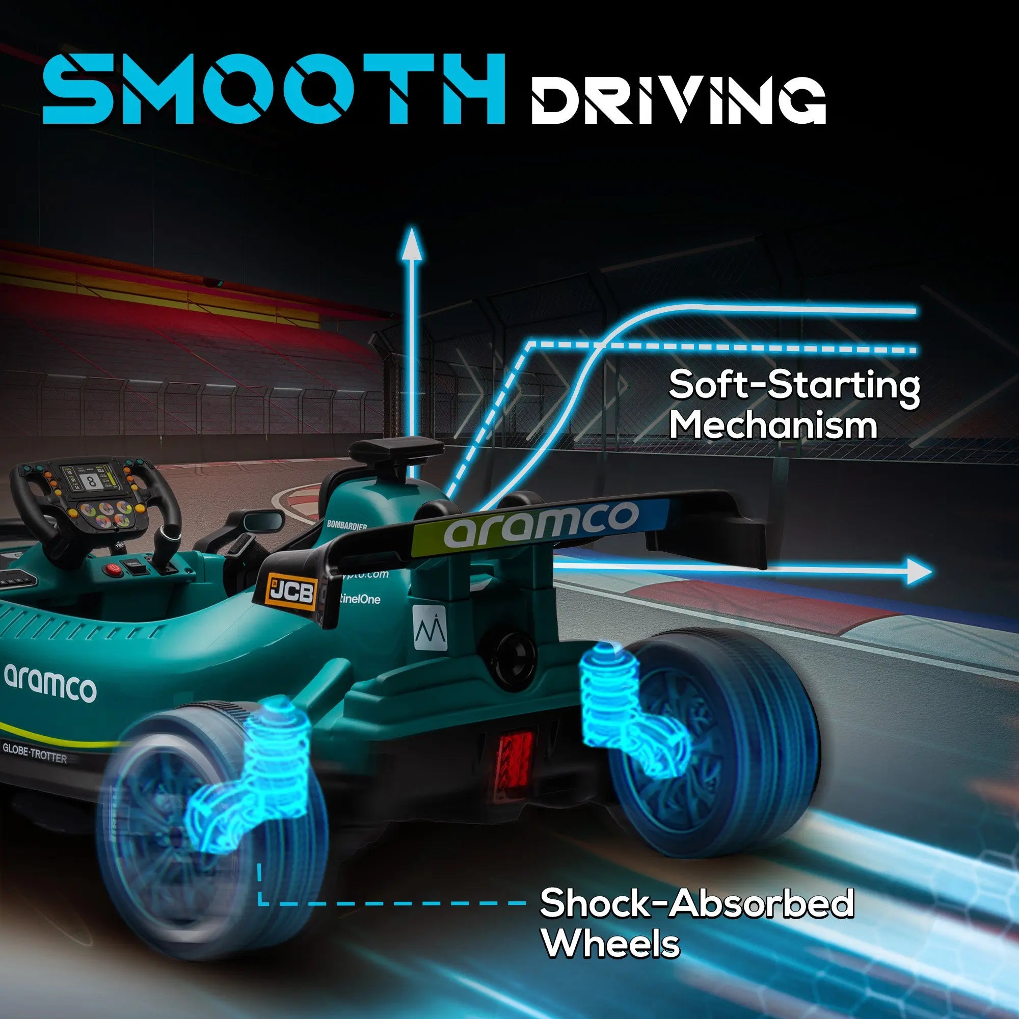 AIYAPLAY Aston Martin Licensed 12V Kids Ride on Racing Kart w/ Bluetooth, 4 Suspension Wheels, Music Lights Horn, Green 