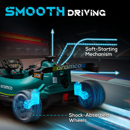 AIYAPLAY Aston Martin Licensed 12V Kids Ride on Racing Kart w/ Bluetooth, 4 Suspension Wheels, Music Lights Horn, Green 