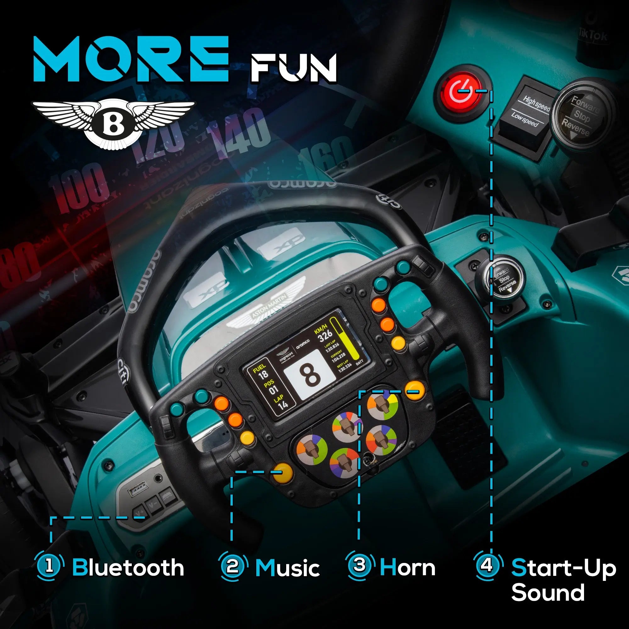 AIYAPLAY Aston Martin Licensed 12V Kids Ride on Racing Kart w/ Bluetooth, 4 Suspension Wheels, Music Lights Horn, Green 