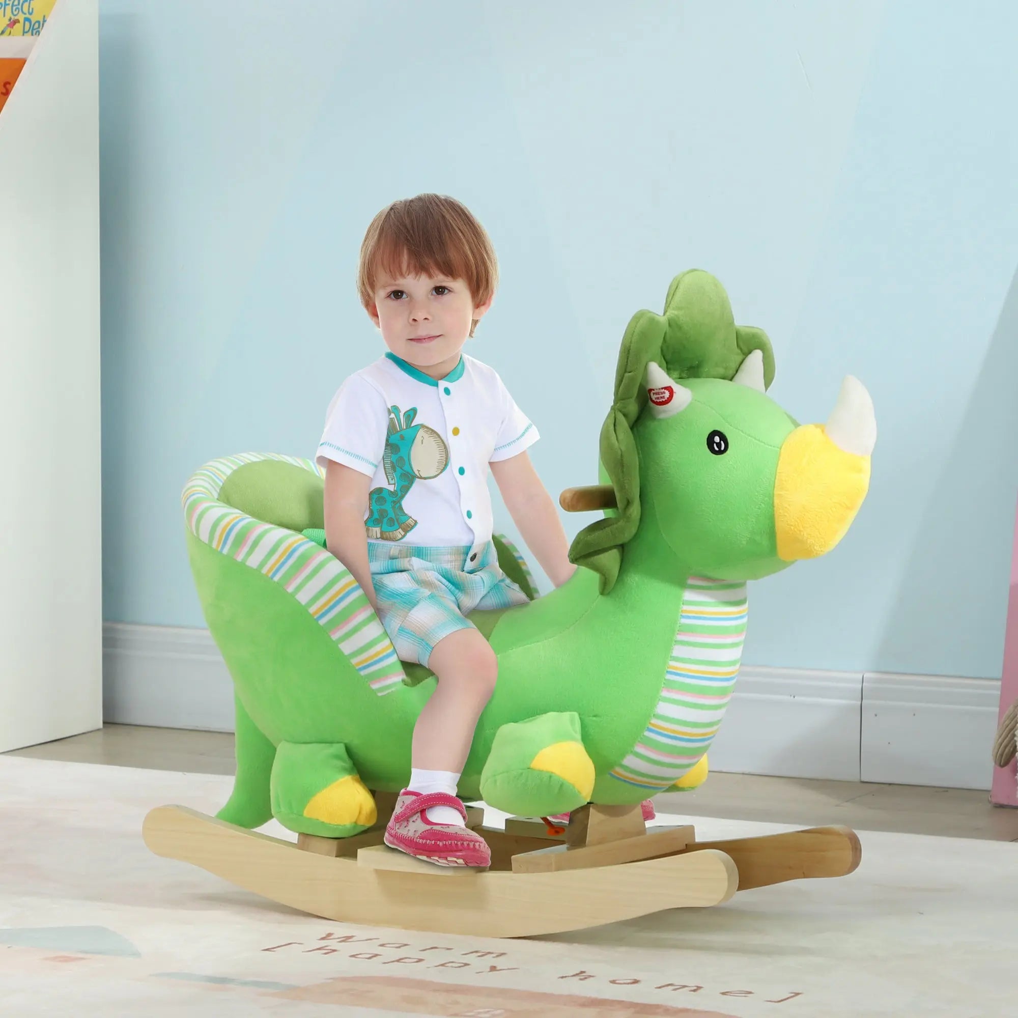 AIYAPLAY Baby Rocking Dinosaur with Animal Sounds, Safety Belt, Wooden Base, for Toddlers 18-36 Months, Green 