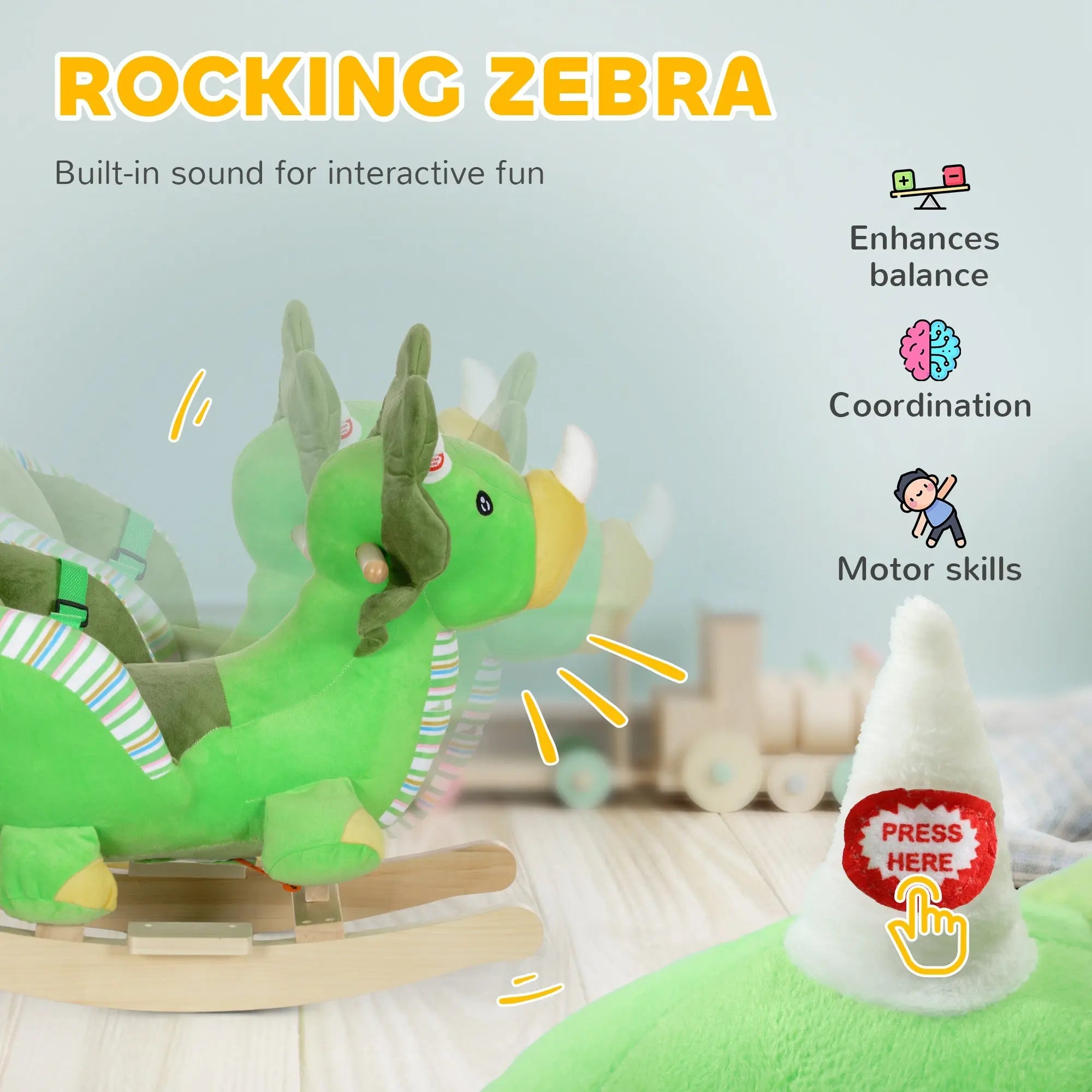 AIYAPLAY Baby Rocking Dinosaur with Animal Sounds, Safety Belt, Wooden Base, for Toddlers 18-36 Months, Green 