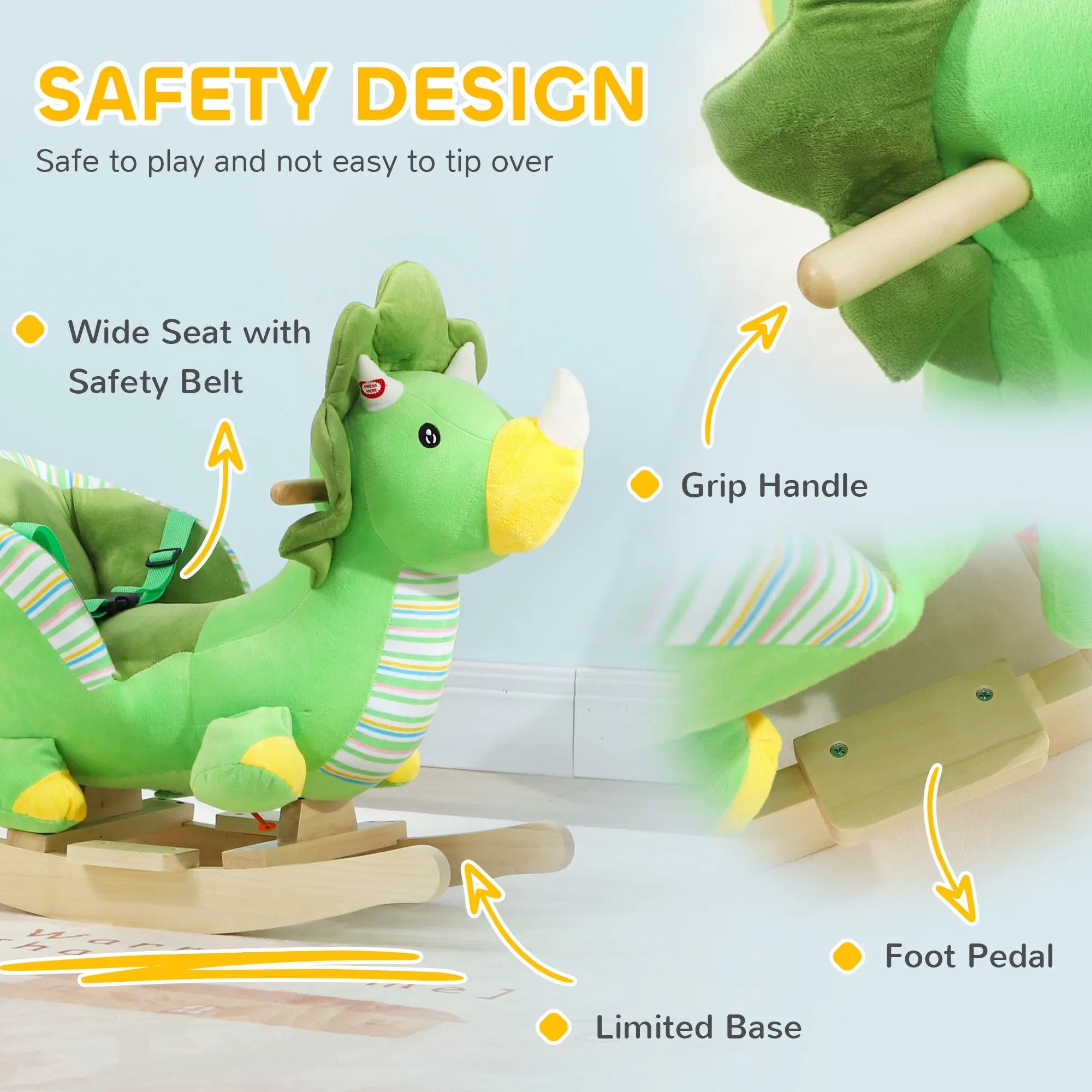 AIYAPLAY Baby Rocking Dinosaur with Animal Sounds, Safety Belt, Wooden Base, for Toddlers 18-36 Months, Green 